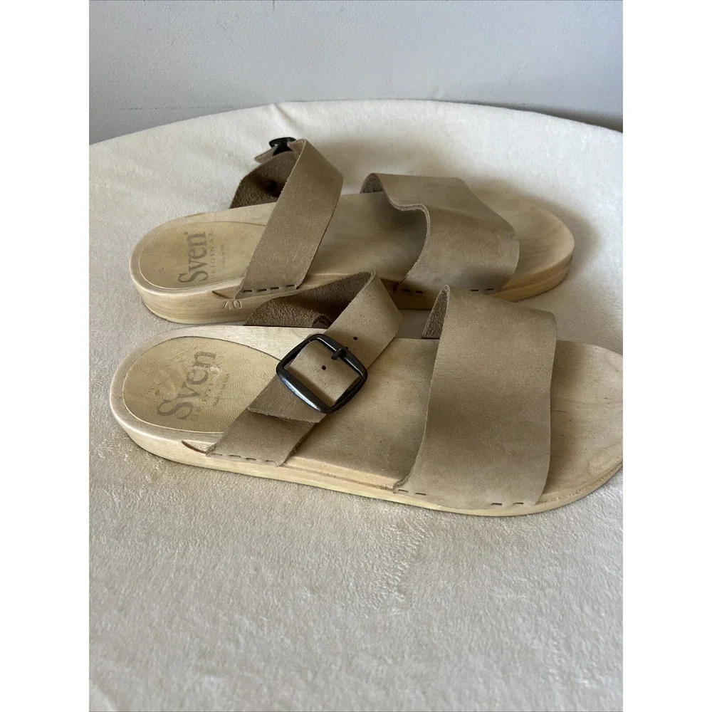 SVEN Original 2 Strap Slip-on Clog Low Flat Sandal Size 40 Beige Tan Nubuck